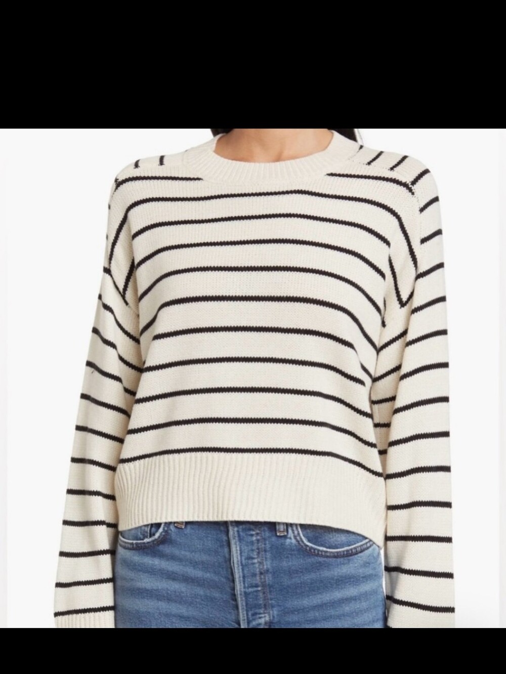 T Tahari Cream and Black Striped Crewneck Sweater